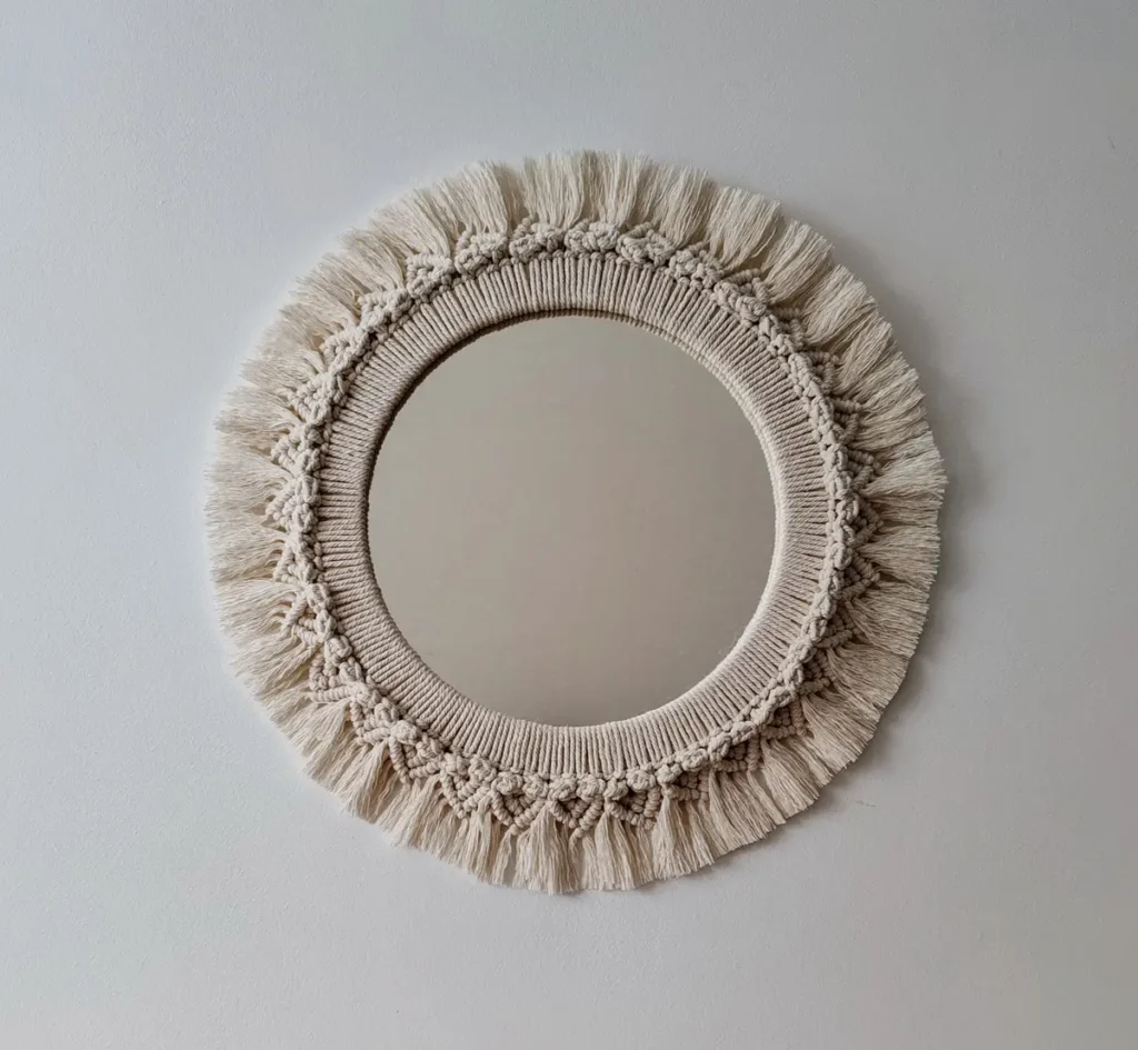Espejo de macramé bohemio Sole blanco crema decoración artesanal Sweetlar