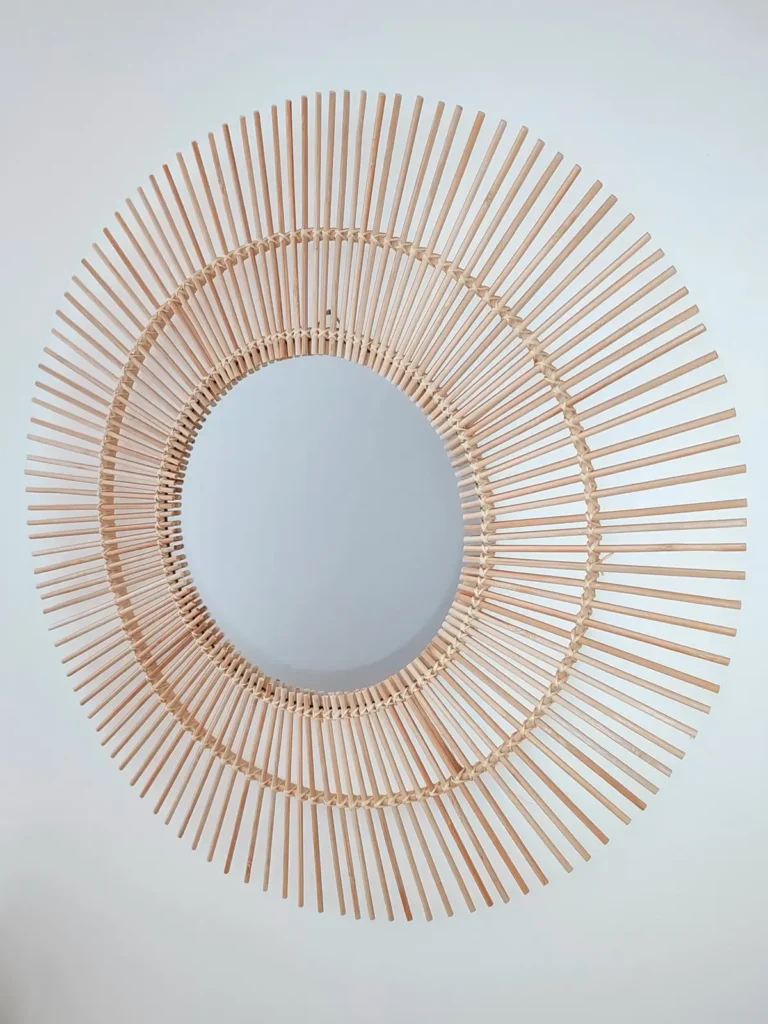 Inicio 4 Espejo de madera Sun redondo de pared con varillas de bambú estilo Sun Sweetlar