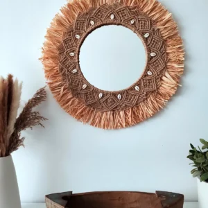 Espejo de rafia grande Rodas de pared con detalles de yute en macramé y conchas estilo bohemio Sweetlar
