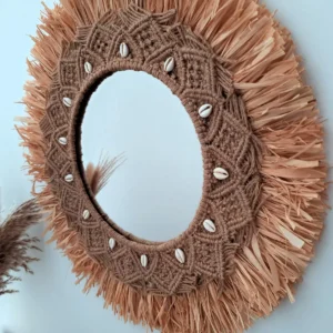 Espejo de rafia grande Rodas de pared con detalles de yute en macramé y conchas estilo bohemio Sweetlar