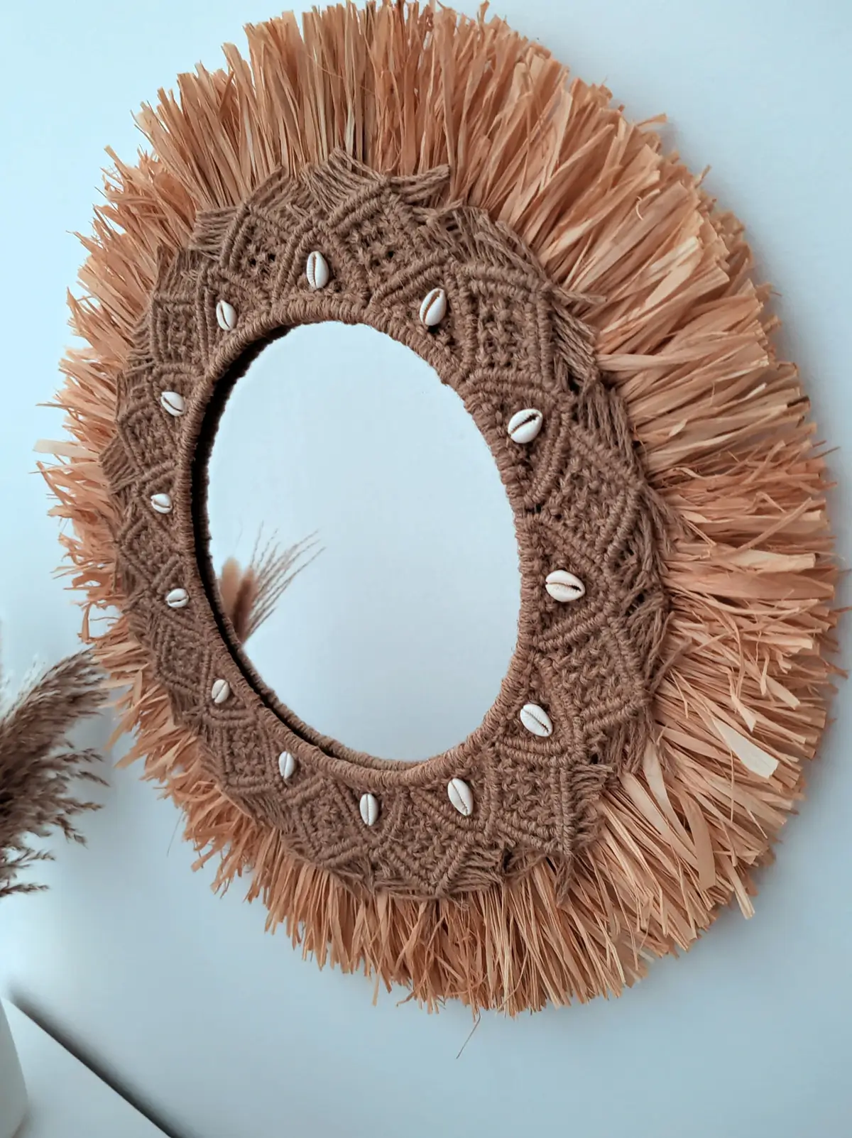 Espejo de rafia grande Rodas de pared con detalles de yute en macramé y conchas estilo bohemio Sweetlar